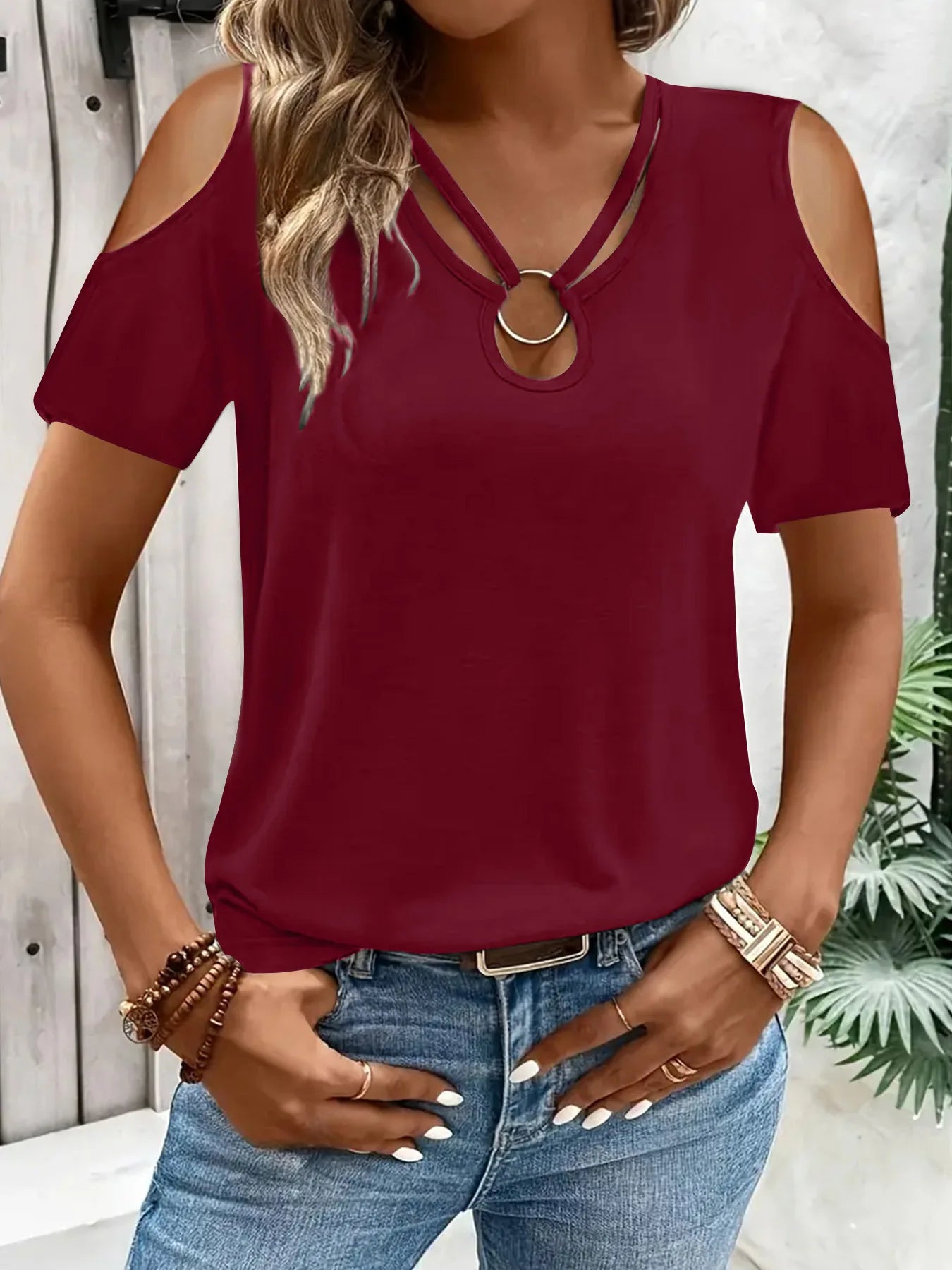 T-shirt à manches courtes décontracté épaules nues col en V couleurs unies du S au 2XL
