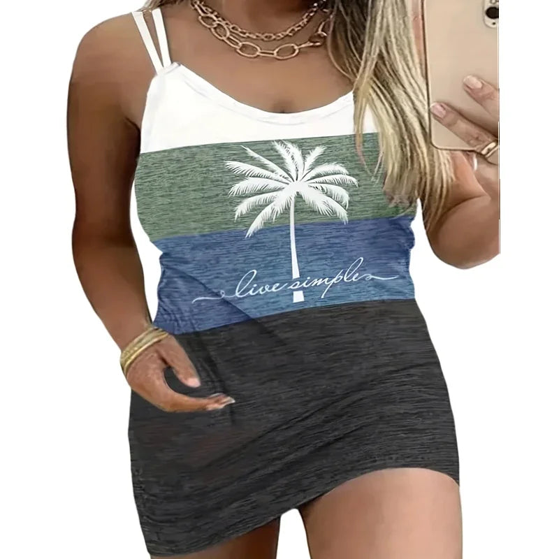 Robe sans manches imprimée cocotier pour femmes, grande taille 1XL-5XL, col en v, décontractée, coupe décontractée, mignonne, bloc de couleurs, été MAEJORKEN