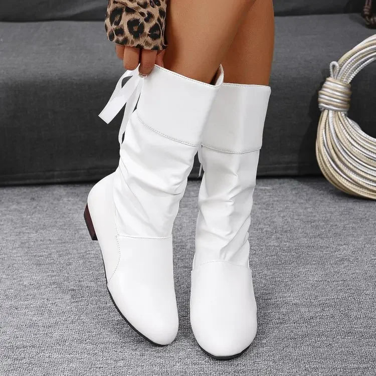 Chaussures pour femmes 2025 printemps genou bottes hautes rouge noir blanc bottes hautes femme plissé talon bas décontracté en cuir femme chaussures longues MAEJORKEN