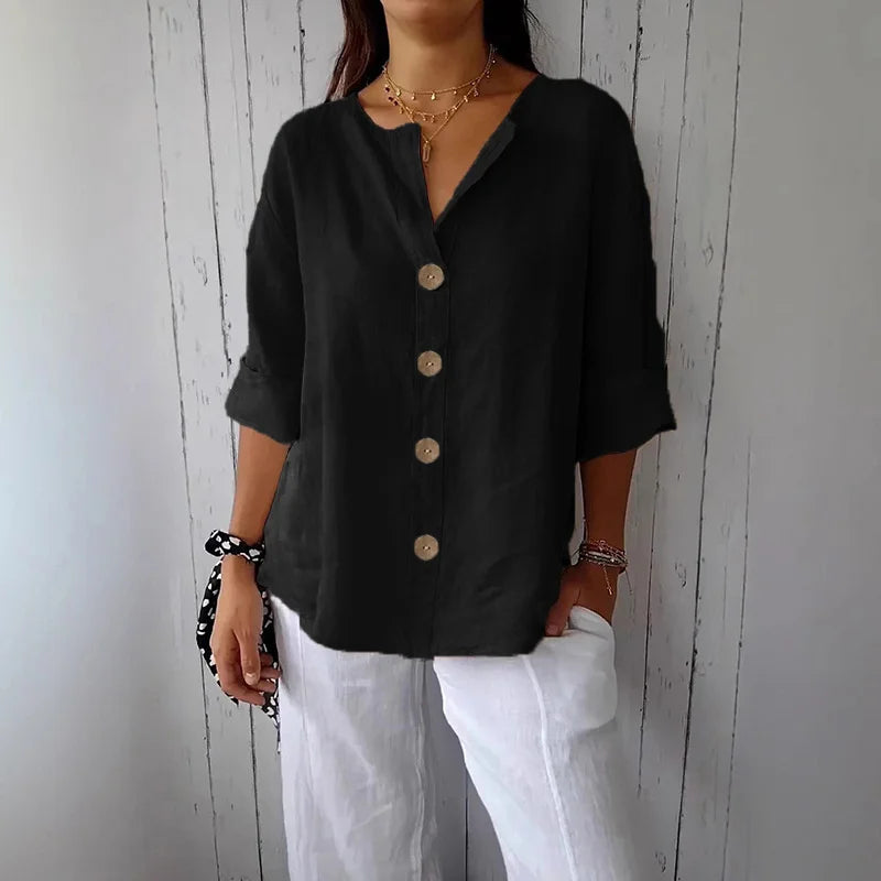 Chemise ample d'été pour femmes, col en v, coton et lin, boutons, chemises décontractées, couleur unie, mode élégante, vêtements de bureau pour femmes, chemisier 2025 MAEJORKEN