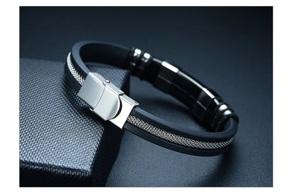 Vnox - Bracelet en acier inoxydable, bracelet pour homme, bracelet punk à maillons en silicone rainuré noir, bracelet punk élégant et décontracté MAEJORKEN