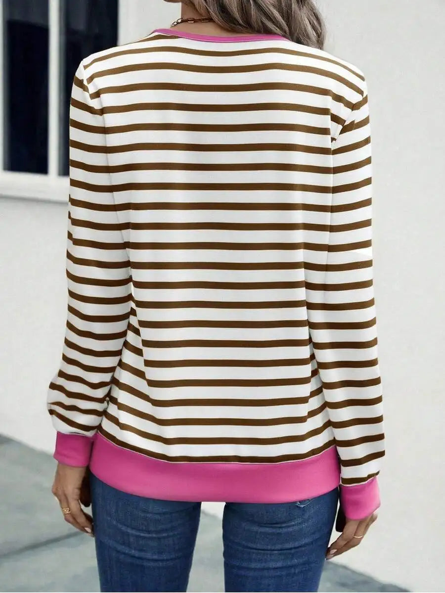 Nouvelle Collection Automne 2026 – T-shirt Femme Décontracté et Confortable à Rayures Colorées, Col en V, Manches Longues MAEJORKEN