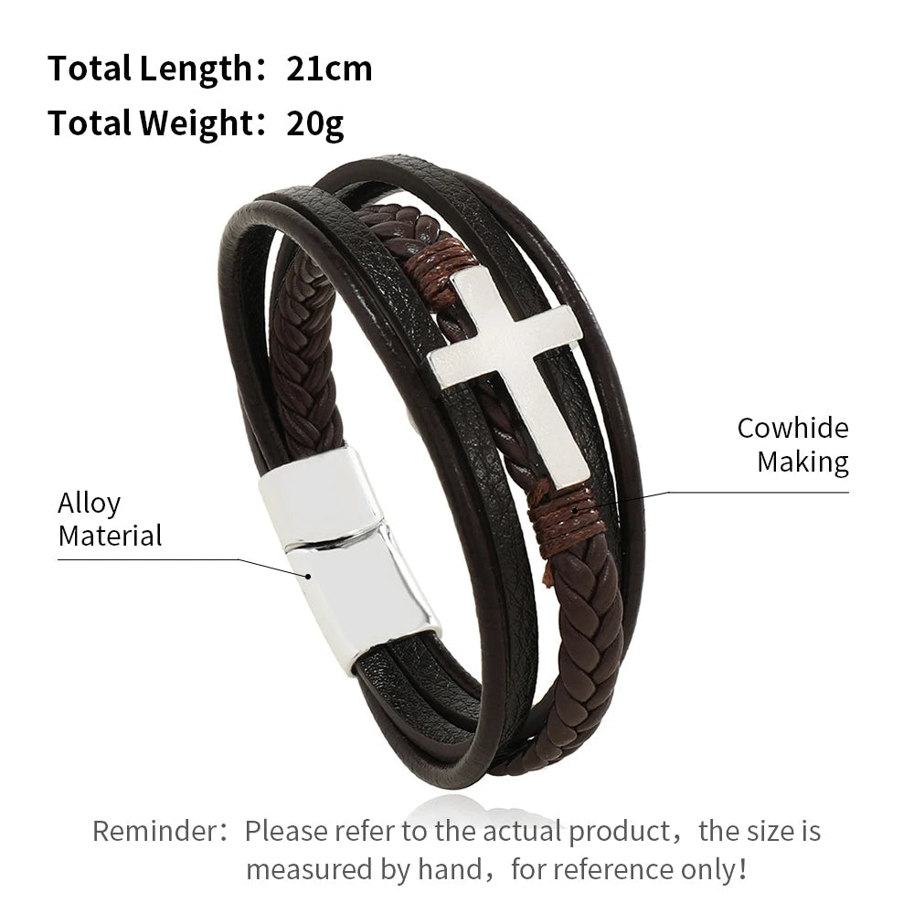 Bracelets en cuir tendance pour hommes, en acier inoxydable, corde tressée multicouche de 21CM, bijoux cadeaux MAEJORKEN