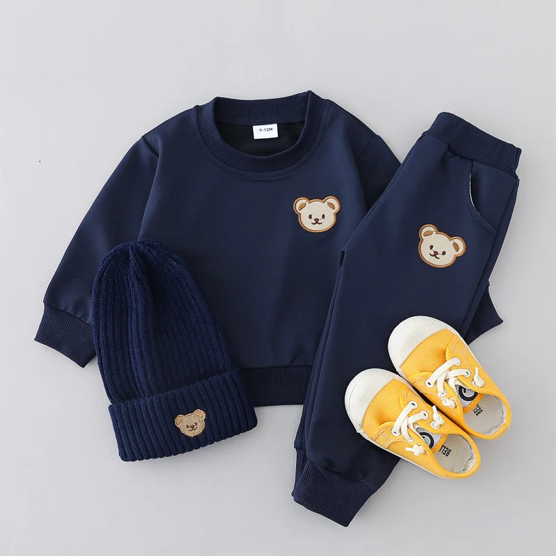 Ensemble 2 pièces pour enfants, pantalon Simple à manches longues et col rond avec tête d'ours, printemps et automne MAEJORKEN
