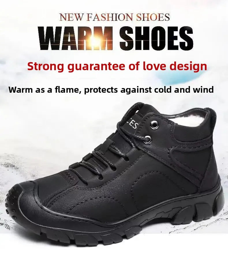 Chaussures d'hiver en cuir imperméable épais pour hommes, doublure polaire, montantes en coton, bottes de neige pour Sports de plein air, semelle extérieure en caoutchouc MAEJORKEN