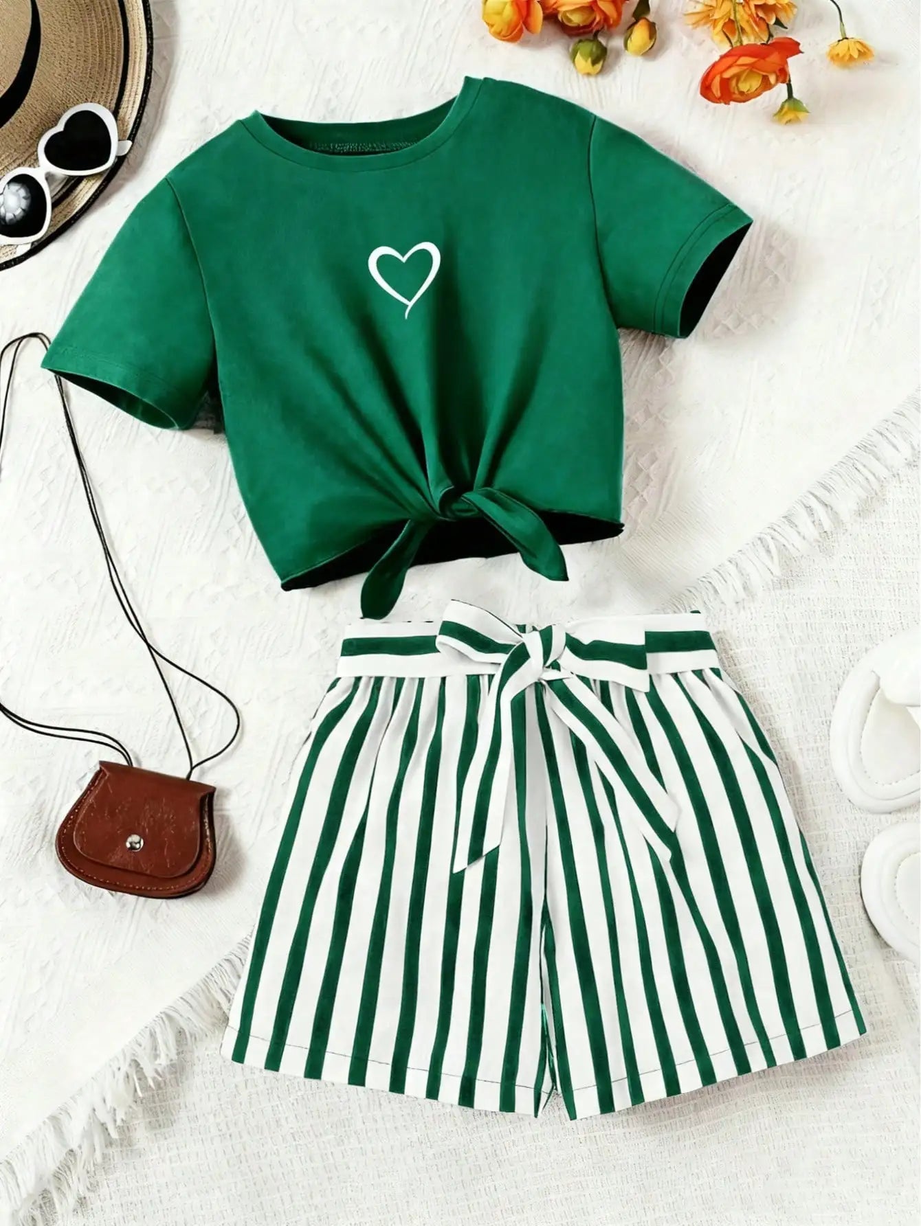 Ensemble 2 pièces décontracté pour femme : T-shirt à manches courtes imprimé cœur et short imprimé rayé, avec ceinture rayée assortie (vêtements pour enfants) MAEJORKEN