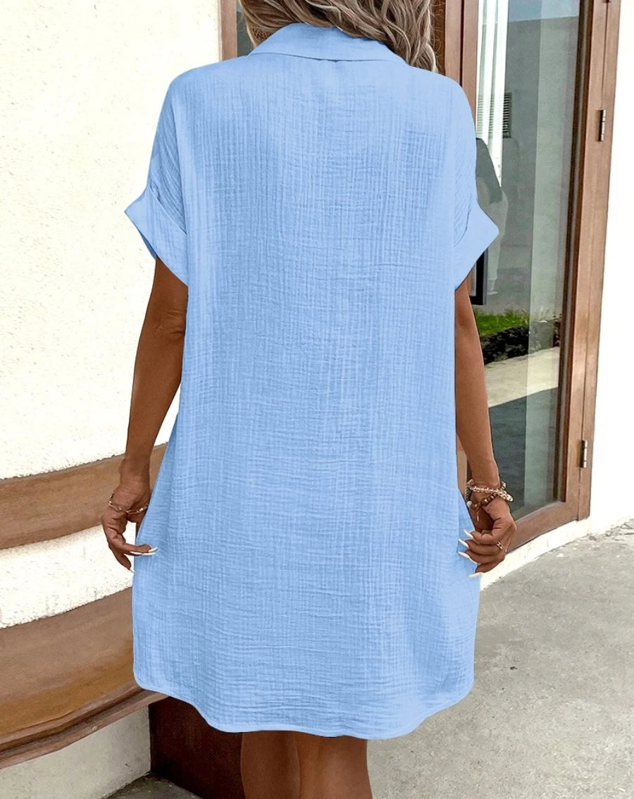 Mini robe Vintage en coton et lin pour femmes, couleur unie, mode d'été, col en v, manches trois quarts, décontractée, vacances MAEJORKEN