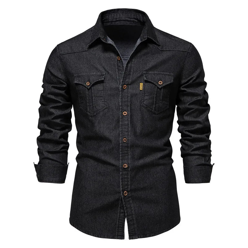 Chemise en denim en coton élastique pour hommes, manches longues, poche pour documents, chemises monochromes pour hommes, coupe couvertes décontractée, vêtements de créateurs, haute qualité MAEJORKEN