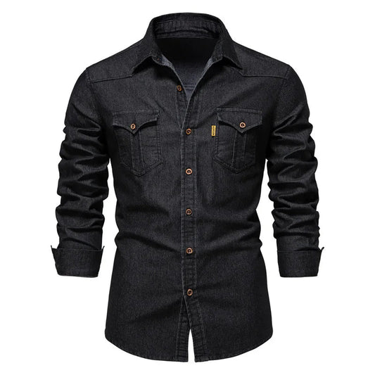 Chemise en denim en coton élastique pour hommes, manches longues, poche pour documents, chemises monochromes pour hommes, coupe couvertes décontractée, vêtements de créateurs, haute qualité MAEJORKEN