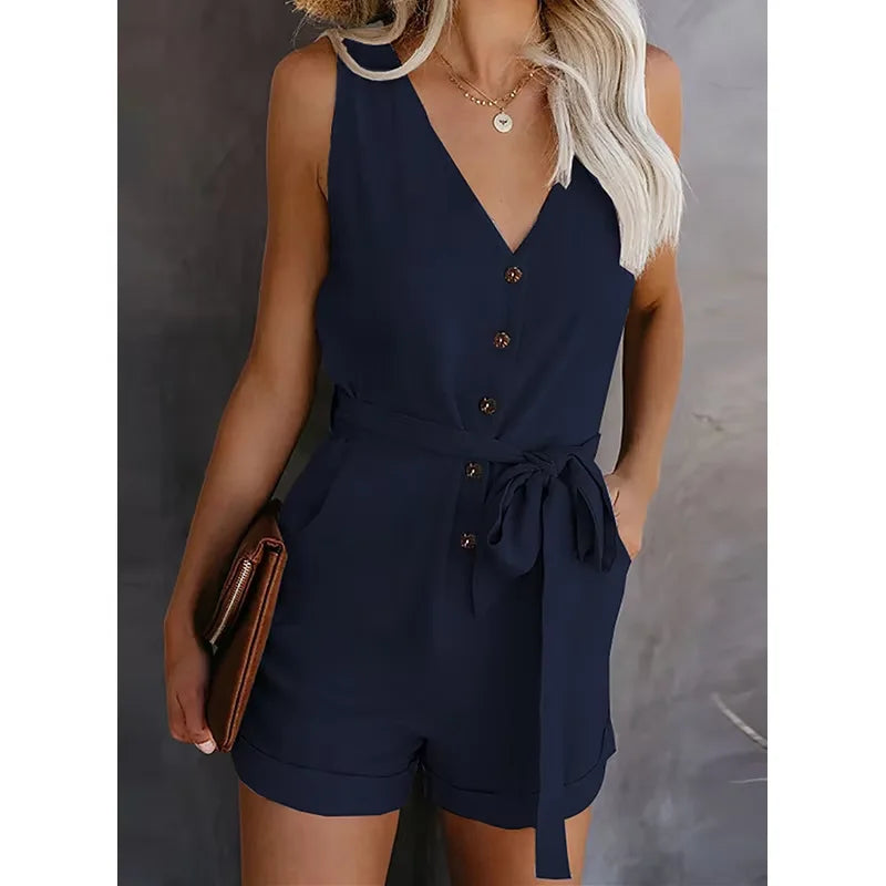 Combinaison monochrome décontractée à col en V pour femmes du S au 3XL MAEJORKEN