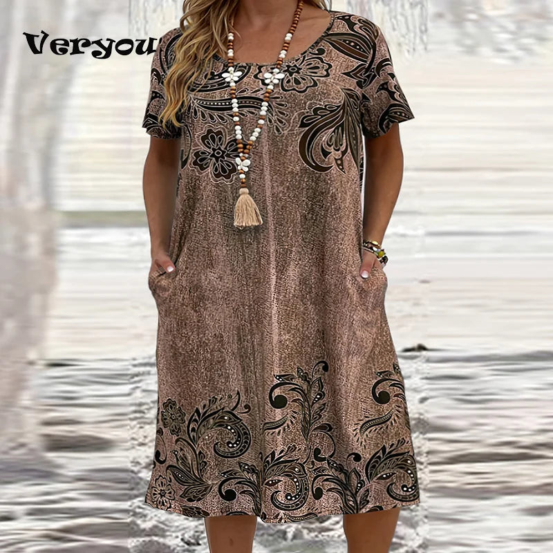 Robe mi-longue pour femmes, grande taille, ample, col rond, Vintage, imprimé, poches, décontractée, robe de soirée, été, 20224, XL-6XL MAEJORKEN