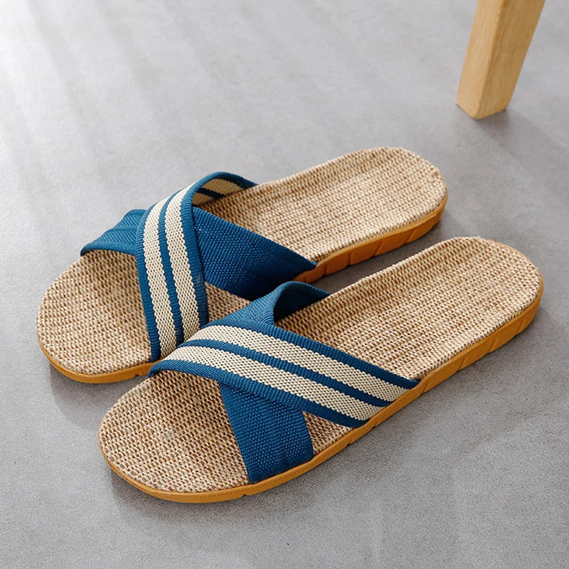 Hommes chaussures pantoufles lin maison intérieure bout ouvert chaussure plate plage pantoufles rayé épissé en caoutchouc sandales Zapatillas Hombre MAEJORKEN