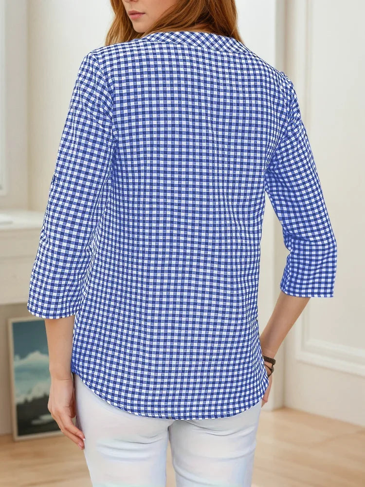 Grande taille printemps automne femmes Fine Plaid mode à manches longues col en v Blouse coupe ajustée tempérament haut ventre couvrant petites chemises MAEJORKEN
