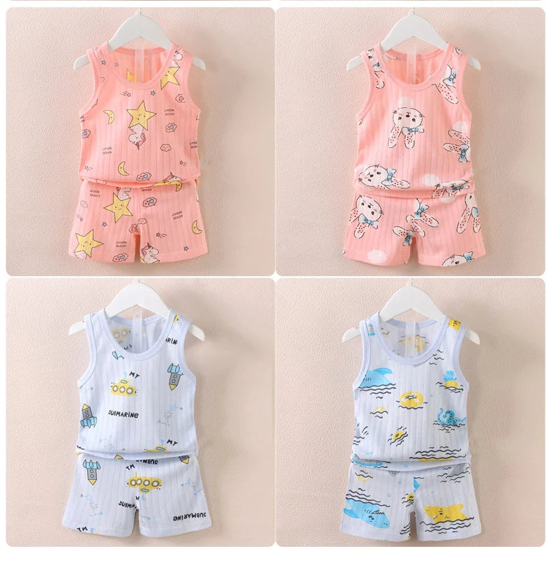 Vêtements pour mères et enfants, en coton imprimé, T-shirt, gilet, hauts et shorts, ensembles pour garçons et filles, mignons et respirants, été MAEJORKEN