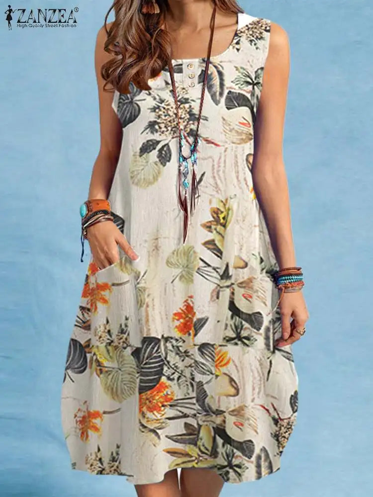 ZANZEA bohème Robe de plage été Vintage imprimé fleuri Robe d'été femmes sans manches genou longueur Robe vacances robes Sarafans MAEJORKEN