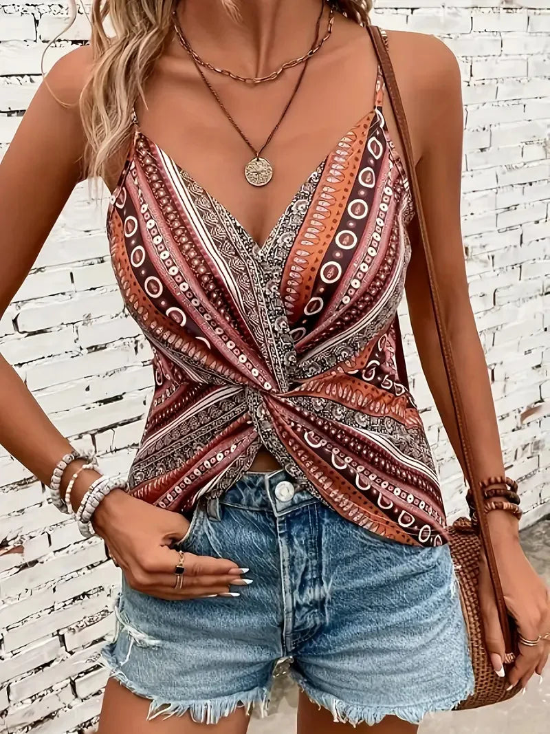 Haut camisole sexy à col en v pour femmes, imprimé chaîne devant torsadé dans le dos, en tissu polyester avec motif spaghetti MAEJORKEN