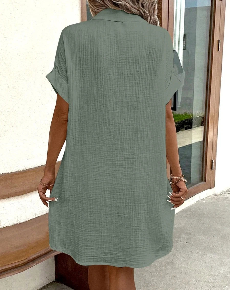 Mini robe Vintage en coton et lin pour femmes, couleur unie, mode d'été, col en v, manches trois quarts, décontractée, vacances MAEJORKEN
