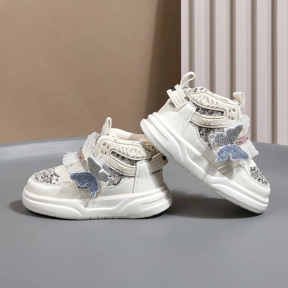 Chaussures d'automne en cuir pour enfants, baskets de Sport pour enfants en bas âge, mignonnes papillons scintillants, semelle souple, à la mode, pour filles, nouvelle collection 2025 MAEJORKEN