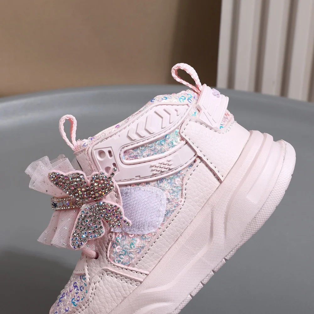 Chaussures d'automne en cuir pour enfants, baskets de Sport pour enfants en bas âge, mignonnes papillons scintillants, semelle souple, à la mode, pour filles, nouvelle collection 2025 MAEJORKEN