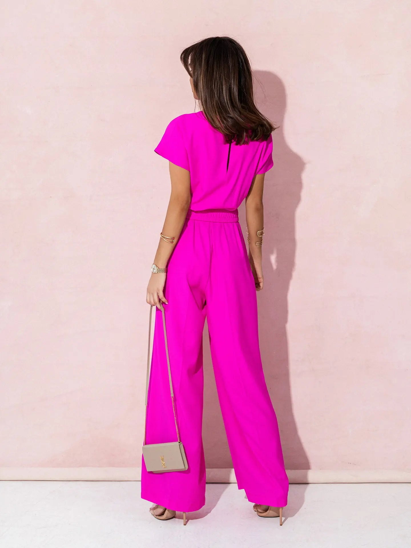 Mode col en v manches courtes taille haute combinaison femmes 2024 été solide jambe large élégant barboteuse Vintage combinaisons salopette femmes MAEJORKEN