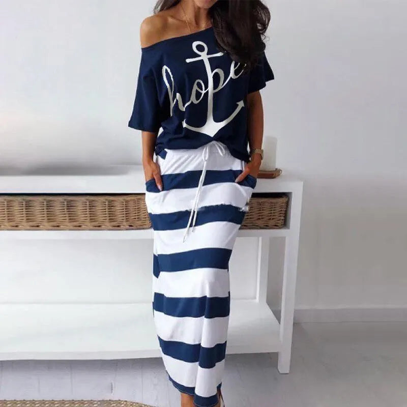 Ensemble t-shirt à épaules dénudées et jupe longue rayée du S au 5XL