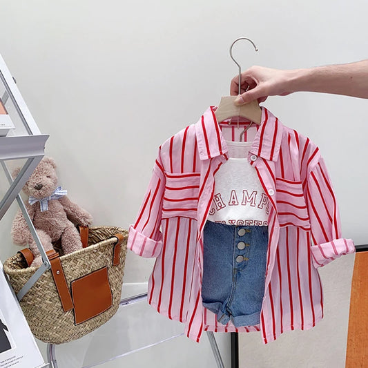 Ensemble 3 pièces chemise rayée à manches longues + débardeur + short en Denim de 3 a 7 ans