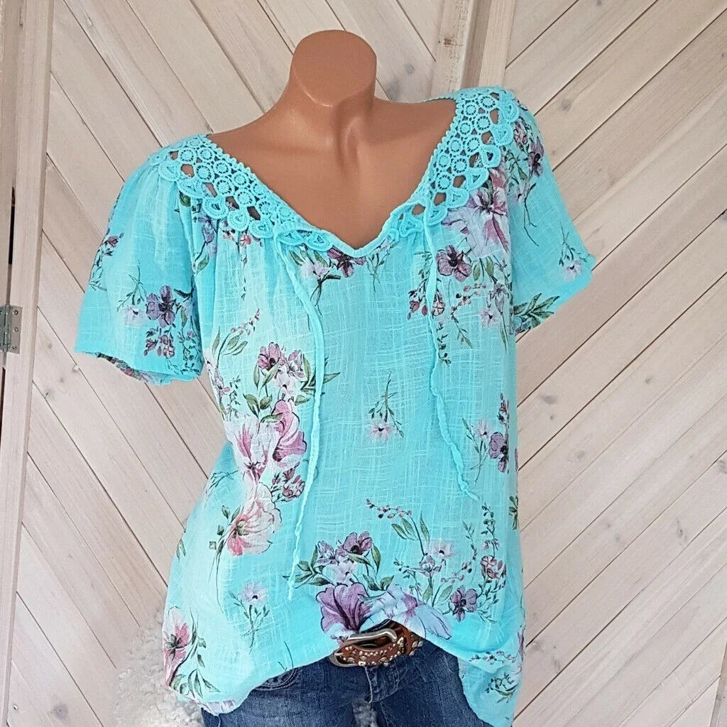 Chemisiers College floraux à lacets pour femmes, manches courtes, chemise en dentelle, t-shirts décontractés, mode estivale MAEJORKEN