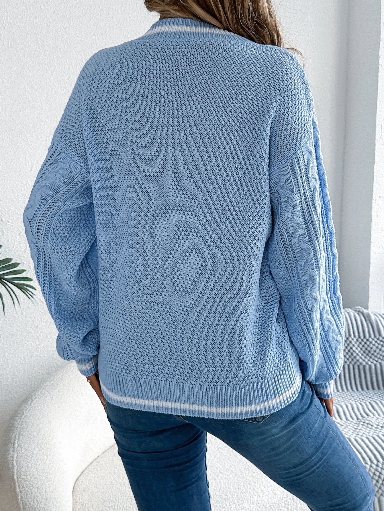 Pull en tricot torsadé à col en V pour femme, bloc de couleur, manches longues, ample, décontracté, tricoté MAEJORKEN