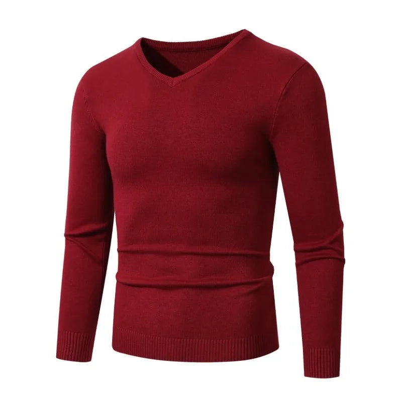 Pull tricoté à col en V pour hommes, couleur unie, manches longues, léger, décontracté, Business, coupe cintrée MAEJORKEN