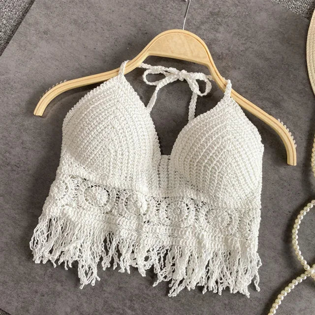Soutien gorges de maillot de bain de plage sexy pour femmes, dos nu, col licou, crochet, tricot,  glaçure creuse, pompon, haut précieux MAEJORKEN