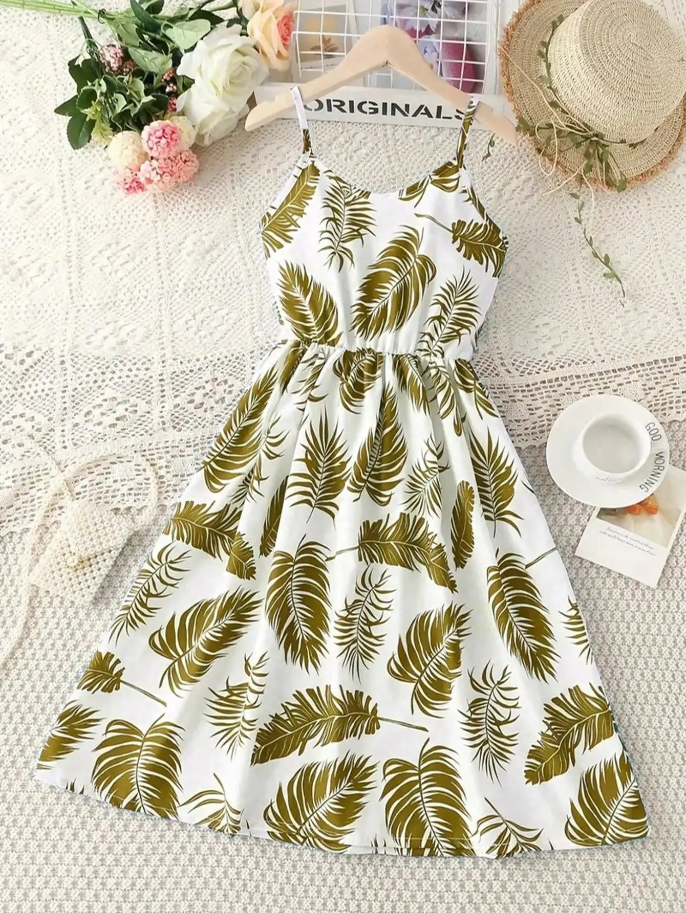 Robe d'été sans manches à imprimé feuilles pour fille - mélange de polyester extensible décontracté, design épaules dénudées, longueur genou, jupe de plage du 8 au 12 ans MAEJORKEN