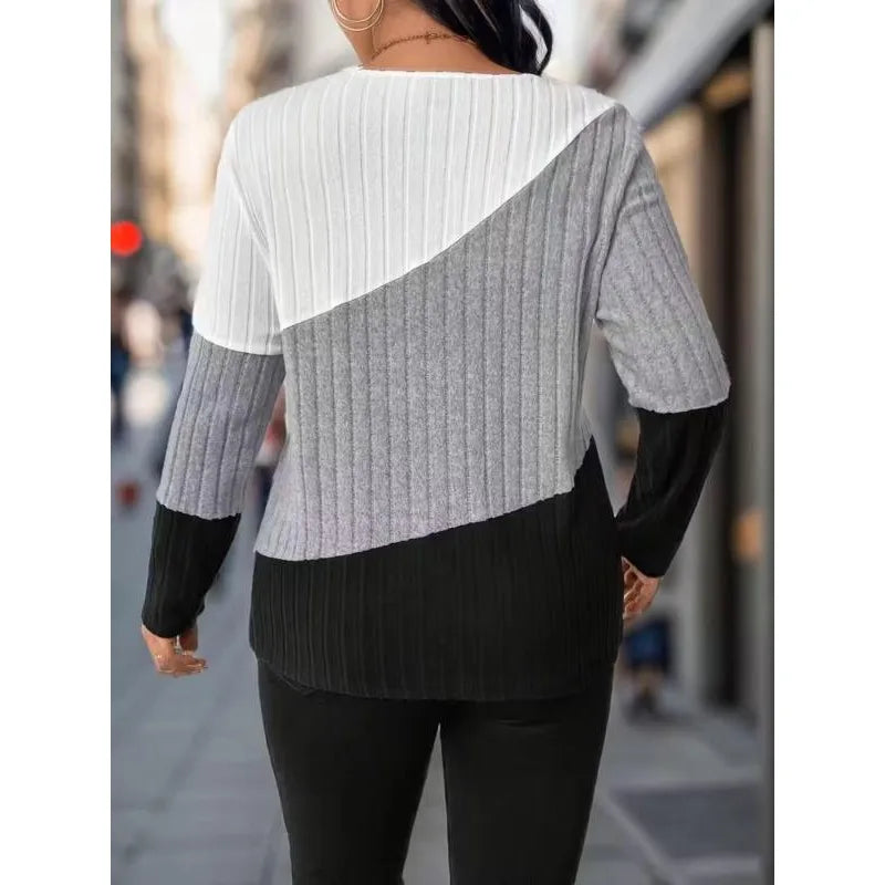Pull à manches longues et col en V pour femme, grande taille, mode automne, Colorblock, décontracté, quotidien MAEJORKEN