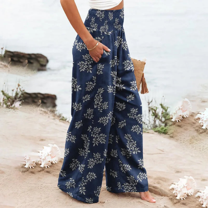 Pantalons pour femmes de grande taille, pantalons de plage à jambes larges imprimés de fleurs, pantalons décontractés de style bohème à taille élastique avec poches MAEJORKEN