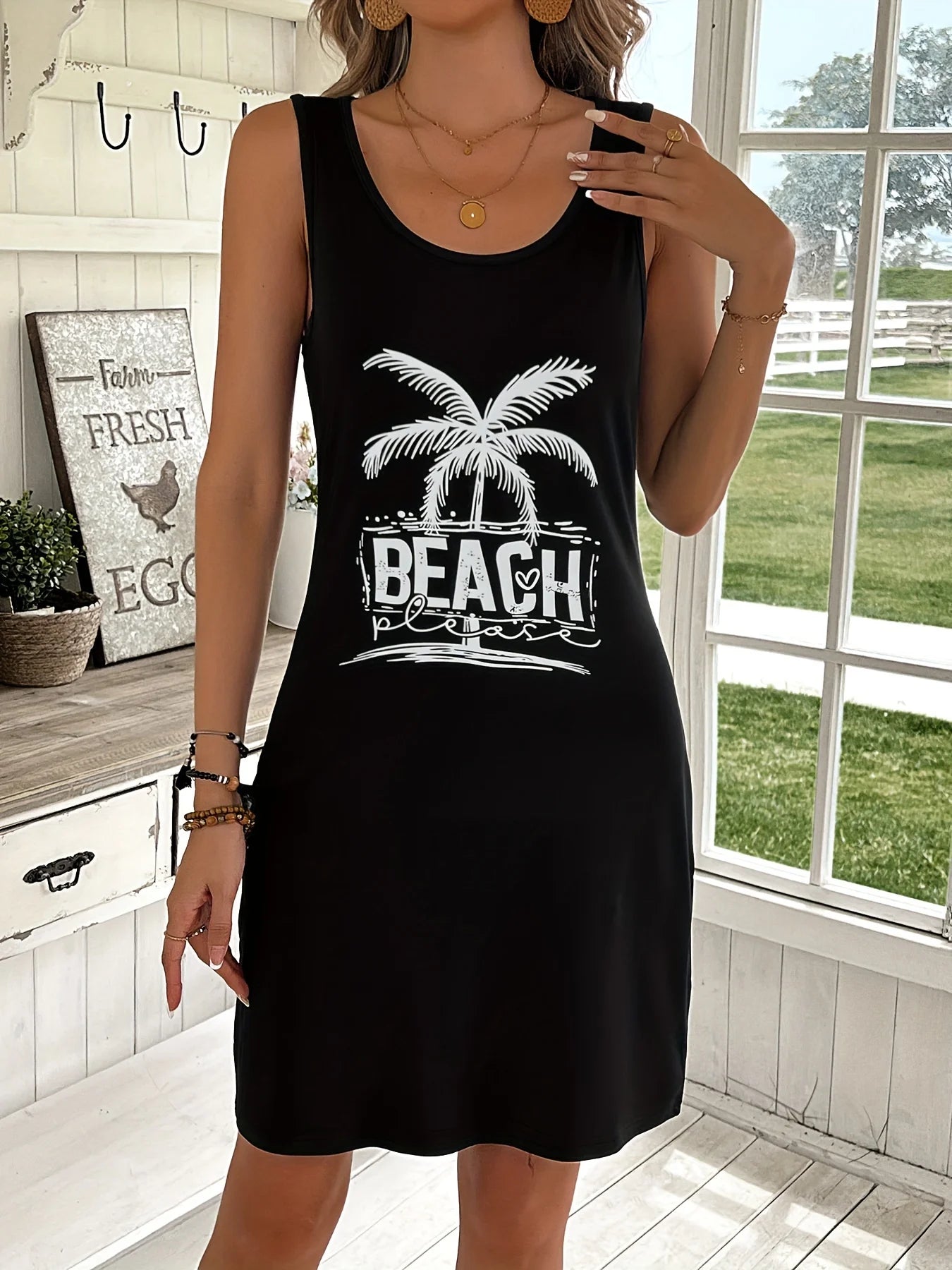 Robe d'été ample et confortable pour femmes, décontractée, motif soleil et lune imprimé, noir, gilet sans manches, jupe, style punk MAEJORKEN