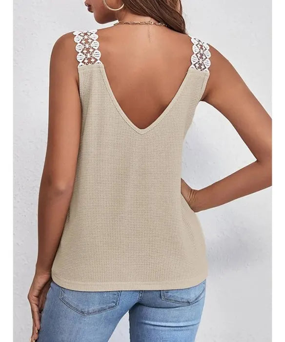 2025 été nouveau débardeur pour femmes couleur unie décontracté dentelle carreaux Patchwork gilet t-shirts hauts MAEJORKEN