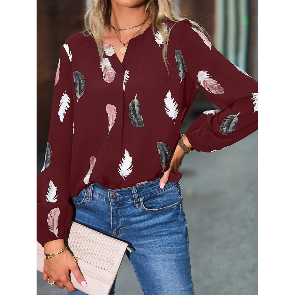 Mode femme Blouse chemises pour femmes haut élégant à manches longues motif de plumes femmes hauts élégant en mousseline de soie Mujer femme vêtements MAEJORKEN