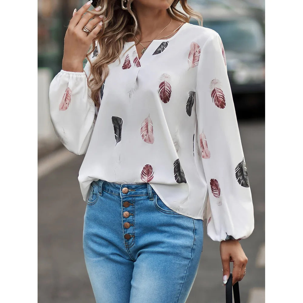 Mode femme Blouse chemises pour femmes haut élégant à manches longues motif de plumes femmes hauts élégant en mousseline de soie Mujer femme vêtements MAEJORKEN