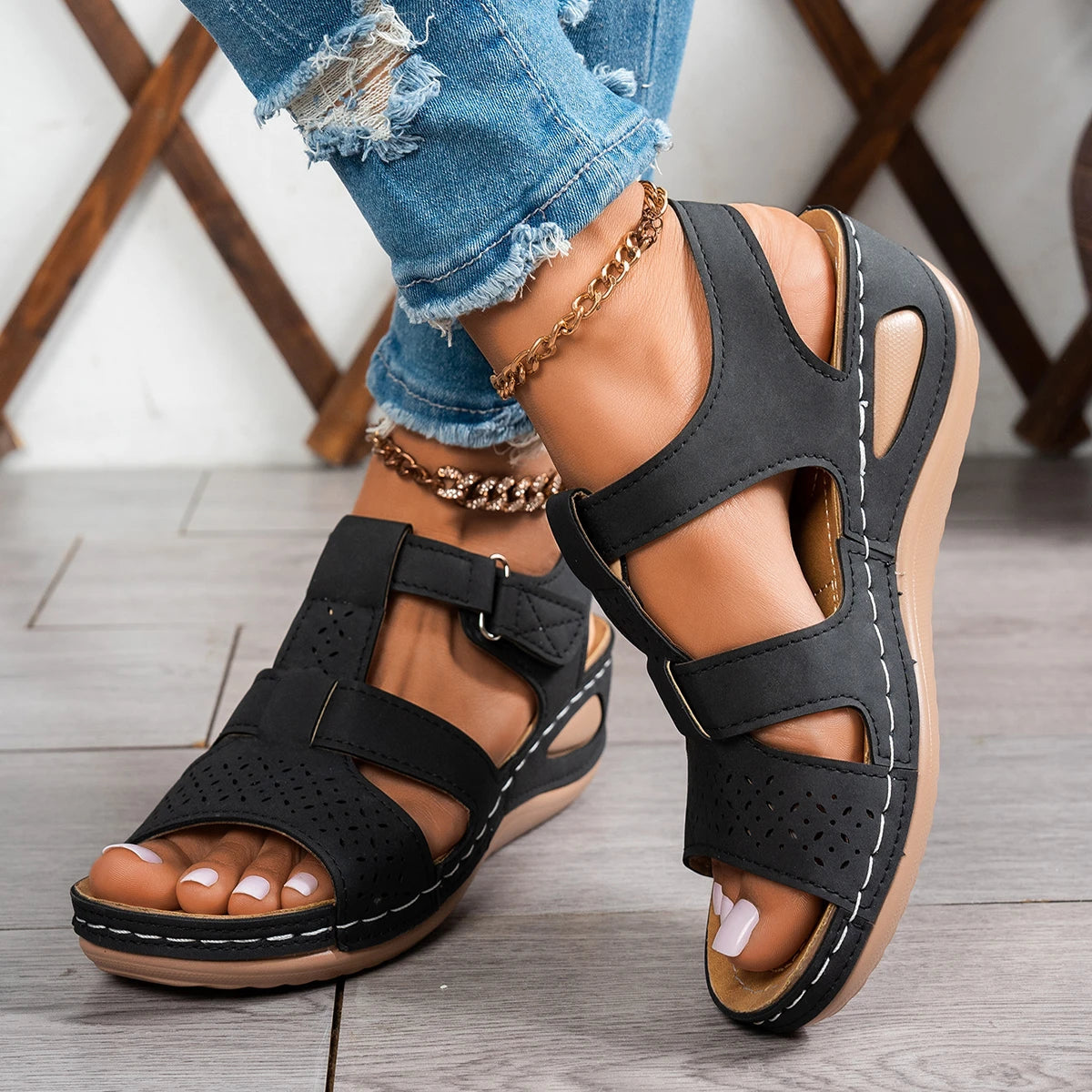 Sandales compensées orthopédiques haut de gamme pour femme, été 2026, à bout ouvert, antidérapantes, style vintage et rétro, chaussures décontractées à plateforme MAEJORKEN