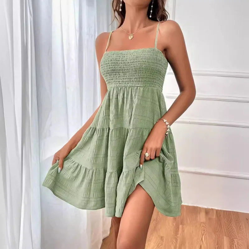 Mode femme Spaghetti sangle smocké Bustier Mini robe bleu à volants à plusieurs niveaux robe trapèze été décontracté vacances vêtements de plage du S au 2XL MAEJORKEN