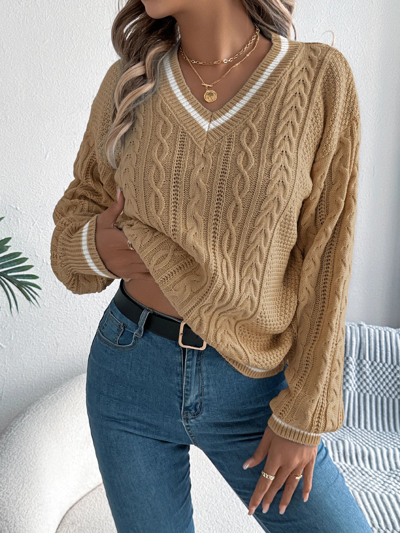 Pull en tricot torsadé à col en V pour femme, bloc de couleur, manches longues, ample, décontracté, tricoté MAEJORKEN