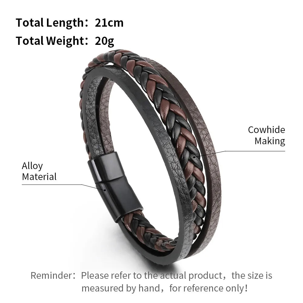 Bracelets en cuir tendance pour hommes, en acier inoxydable, corde tressée multicouche de 21CM, bijoux cadeaux MAEJORKEN