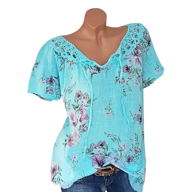 Chemisiers College floraux à lacets pour femmes, manches courtes, chemise en dentelle, t-shirts décontractés, mode estivale MAEJORKEN