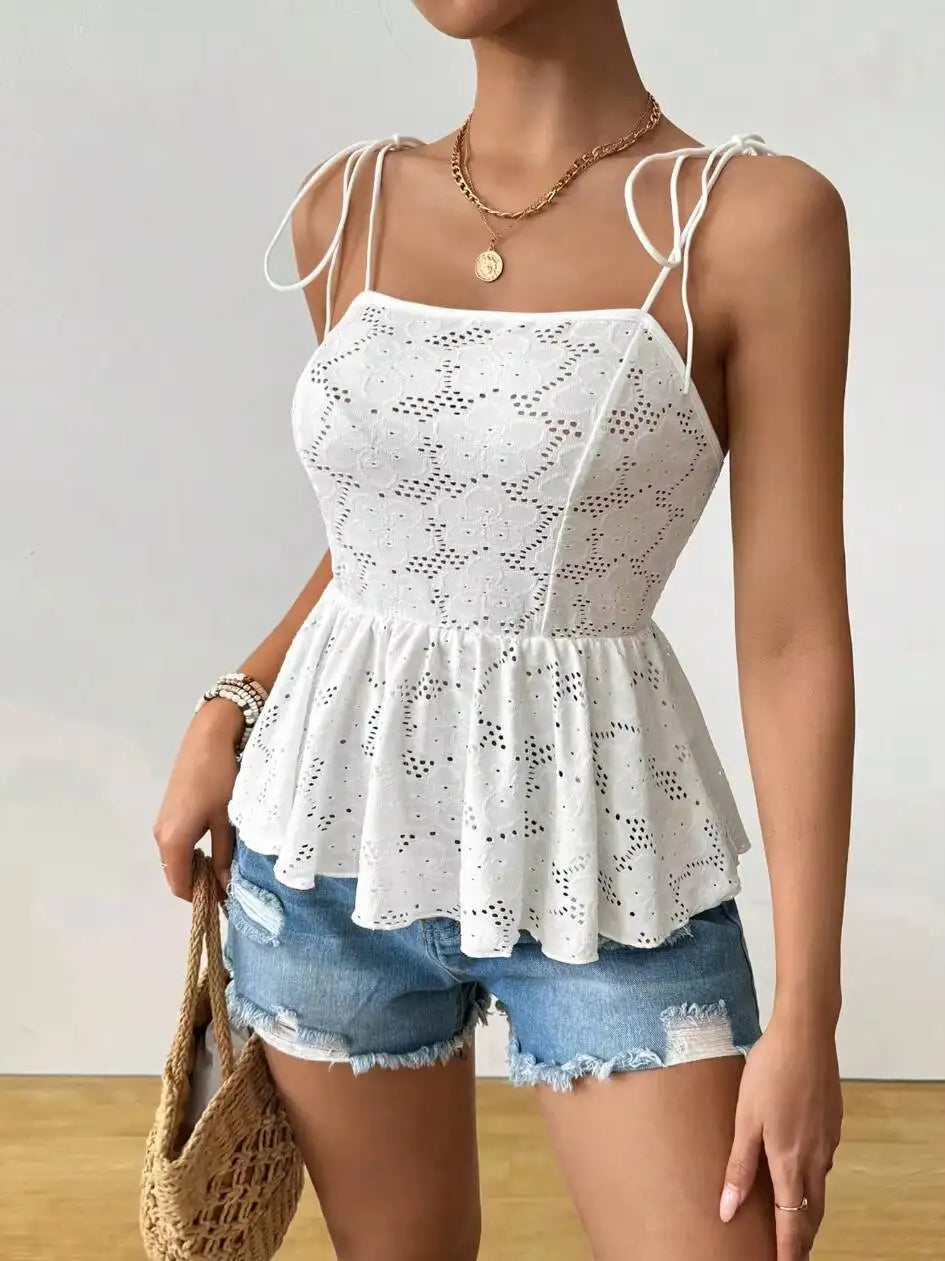 Débardeur Femme Printemps-Été Blanc en Dentelle à Nœuds Bretelles Fines Col Carré Ourlet Peplum Décontracté pour les Vacances MAEJORKEN