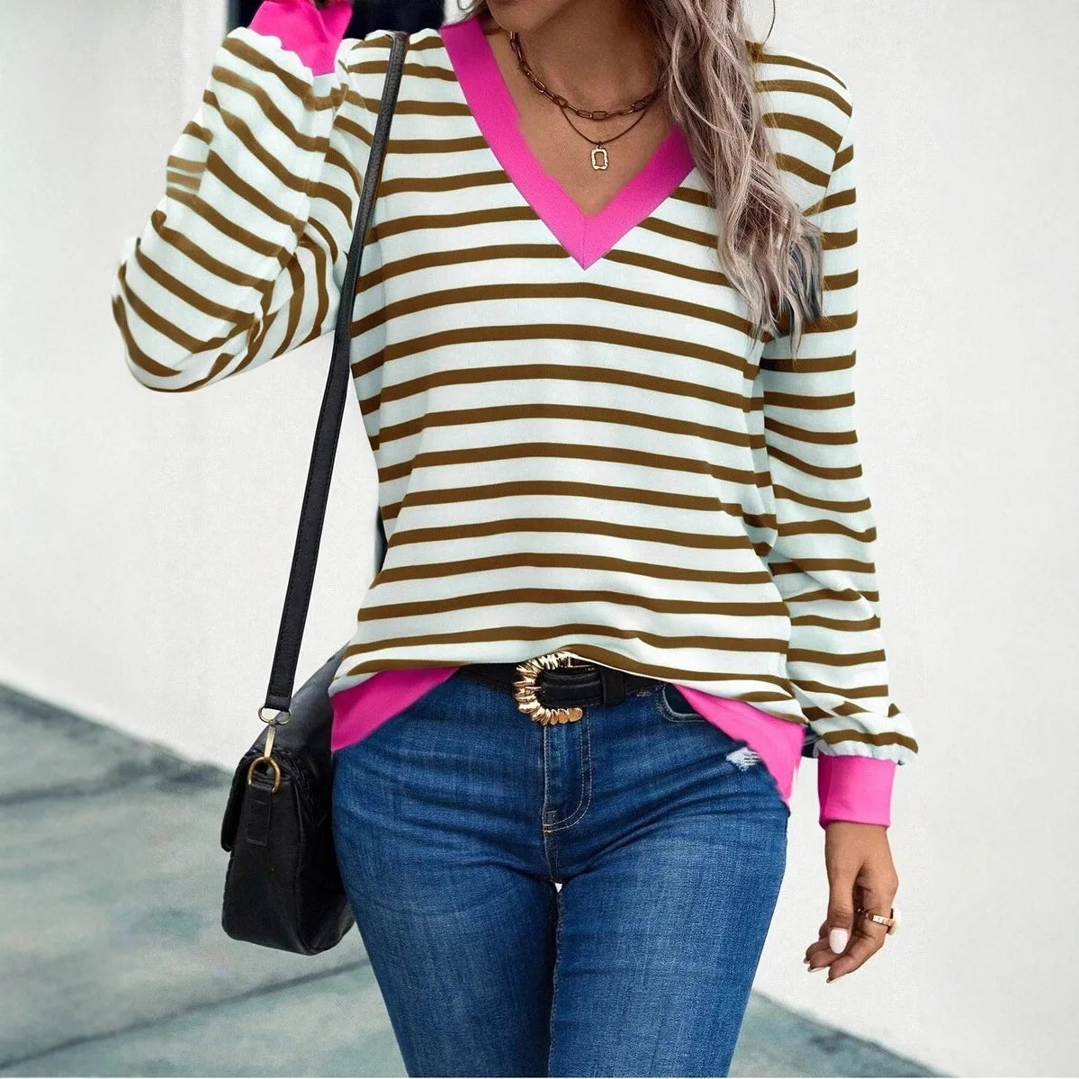 Nouvelle Collection Automne 2026 – T-shirt Femme Décontracté et Confortable à Rayures Colorées, Col en V, Manches Longues MAEJORKEN
