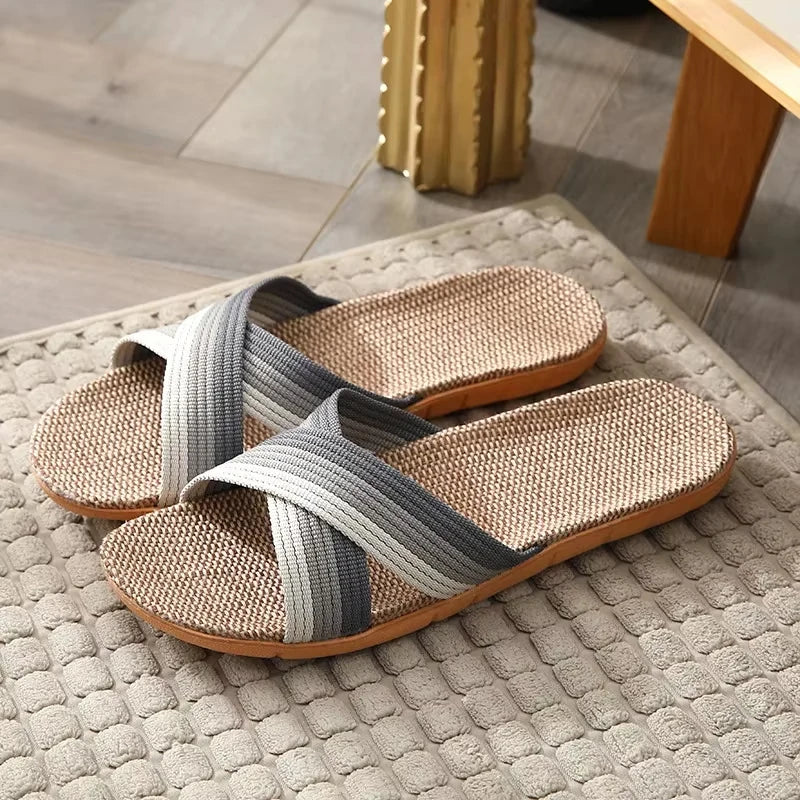 Hommes chaussures pantoufles lin maison intérieure bout ouvert chaussure plate plage pantoufles rayé épissé en caoutchouc sandales Zapatillas Hombre MAEJORKEN