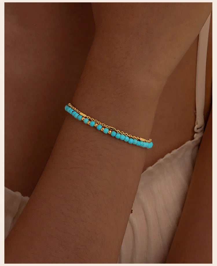 Bracelet turquoise pour femmes, bracelet double rond perlé, cadeau de bijoux plaqué or sans tarjuvenfree MAEJORKEN