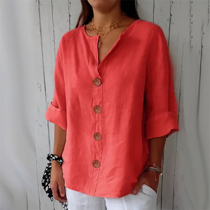 Chemise ample d'été pour femmes, col en v, coton et lin, boutons, chemises décontractées, couleur unie, mode élégante, vêtements de bureau pour femmes, chemisier 2025 MAEJORKEN