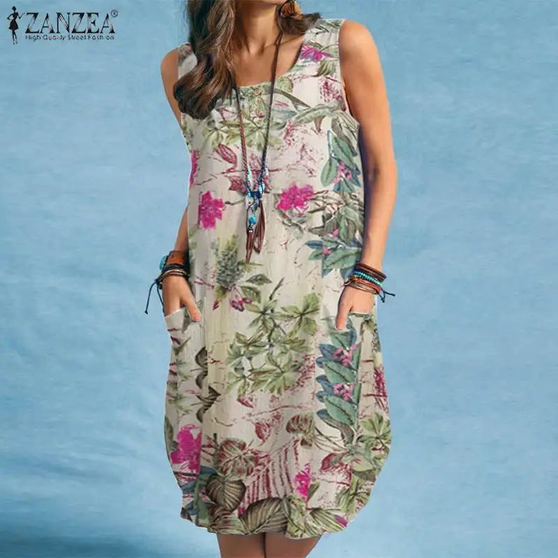 ZANZEA bohème Robe de plage été Vintage imprimé fleuri Robe d'été femmes sans manches genou longueur Robe vacances robes Sarafans MAEJORKEN