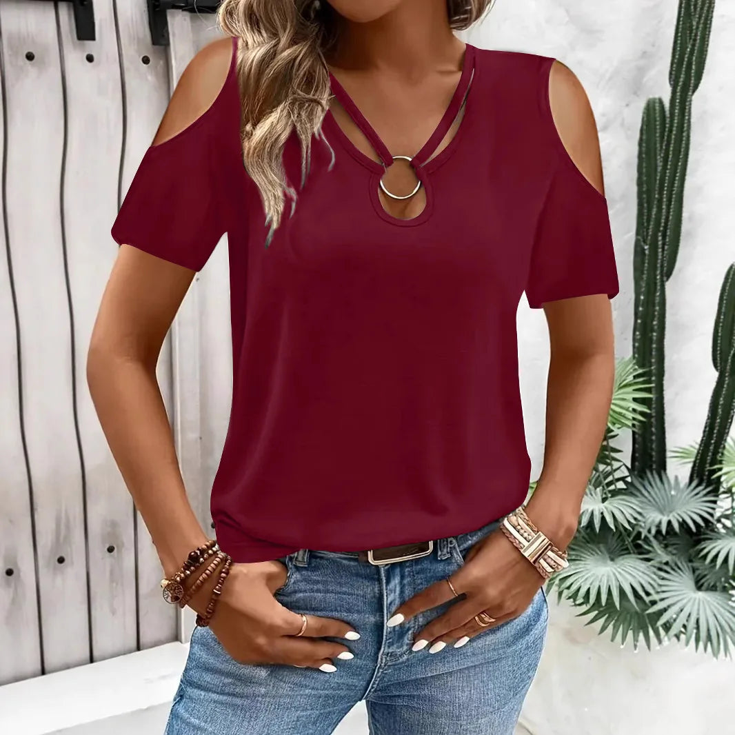 T-shirt à manches courtes décontracté épaules nues col en V couleurs unies du S au 2XL