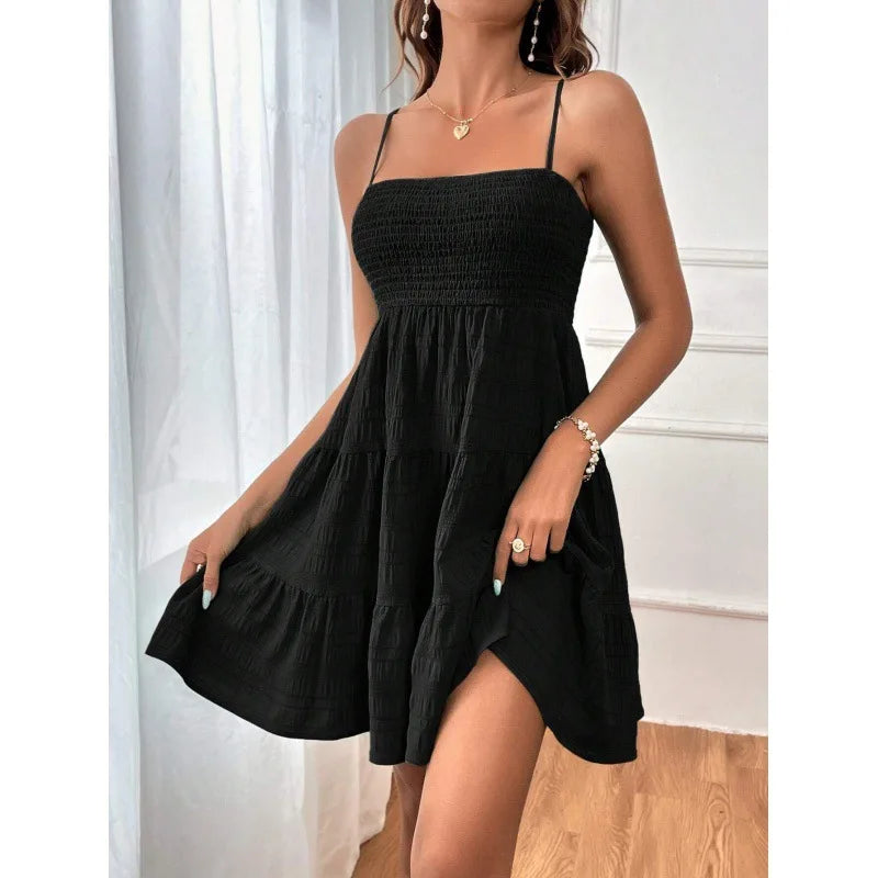 Mode femme Spaghetti sangle smocké Bustier Mini robe bleu à volants à plusieurs niveaux robe trapèze été décontracté vacances vêtements de plage du S au 2XL MAEJORKEN